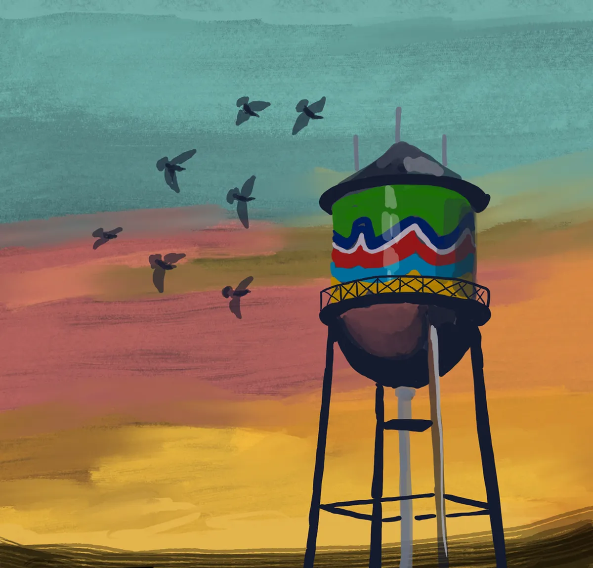 A scenic view featuring a colorful water tower, a flock of birds in the sky, and a vibrant sunset backdrop. The open space feels perfect for outdoor activities like picnicking or photography, evoking the nearby park experience.