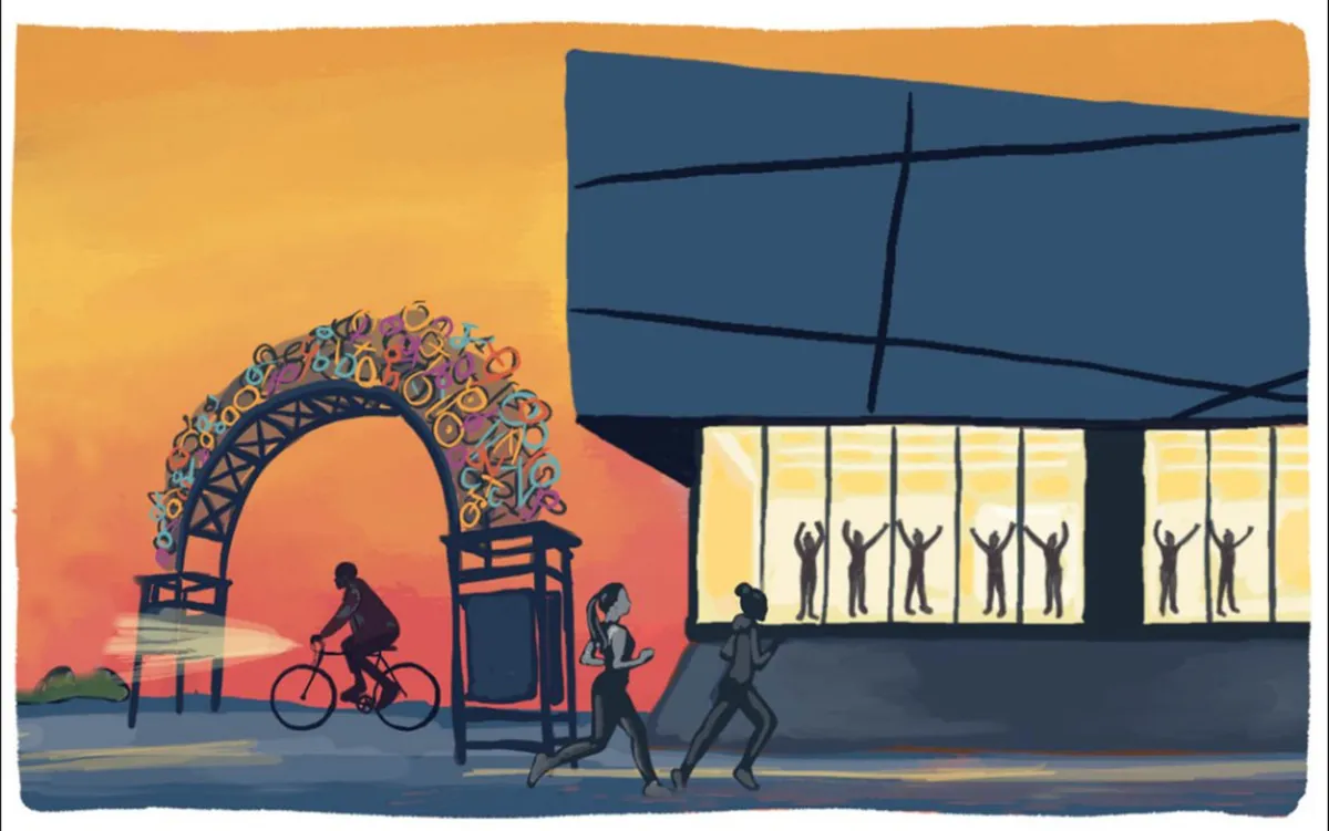 A dynamic scene showing a decorative archway, large glass windows, and people in motion—some on bicycles, others running—set against the backdrop of a lively community event at sunset. The atmosphere is bustling and energetic, reflecting local culture.